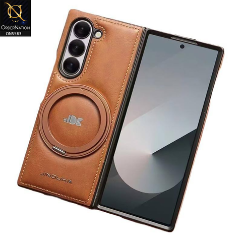 Samsung Galaxy Z Fold 5 5G Cover - Brown - New Jinduka Premium Leather Case With Metal Kick Stand And Mage Safe