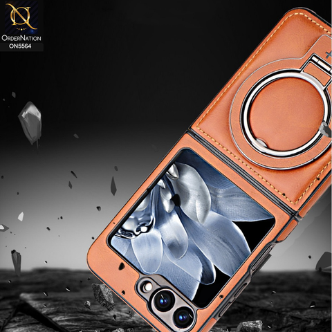 Samsung Galaxy Z Flip 6 Cover - Brown - New Rimbmax High Quality Leather Case With Metal Camera Ring And KickStand