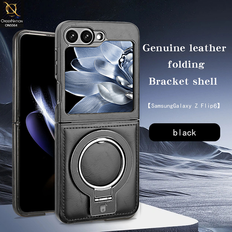 Samsung Galaxy Z Flip 6 Cover - Black - New Rimbmax High Quality Leather Case With Metal Camera Ring And KickStand