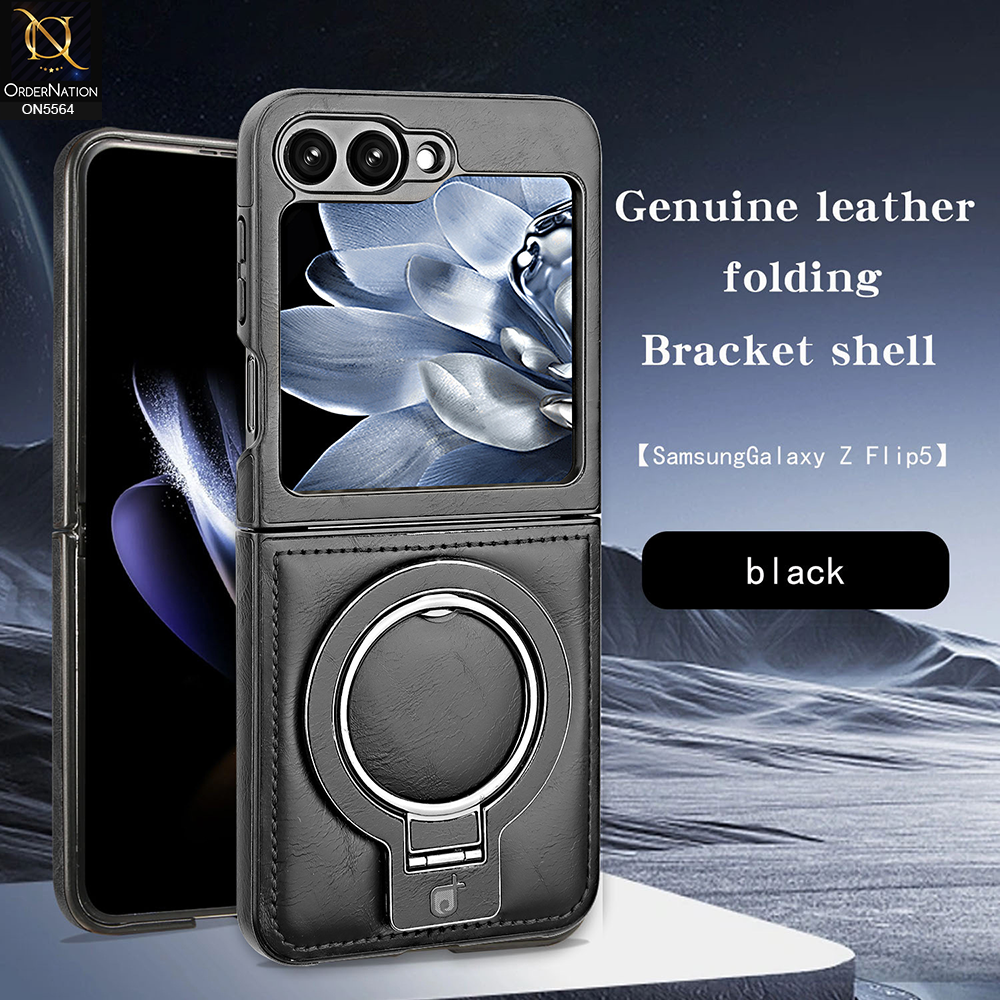 Samsung Galaxy Z Flip 5 Cover - Black - New Rimbmax High Quality Leather Case With Metal Camera Ring And KickStand