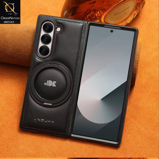 Samsung Galaxy Z Fold 6 5G Cover - Black - New Jinduka Premium Leather Case With Metal Kick Stand And Mage Safe