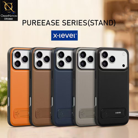 iPhone 17 Pro Max Cover - Brown - X-LEVEL Case Leather Coated PC TPU Phone Back Cover with Metal Kickstand