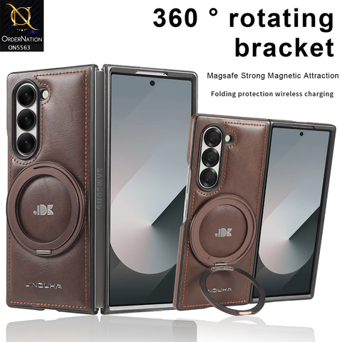 Samsung Galaxy Z Fold 6 5G Cover - Coffee Brown - New Jinduka Premium Leather Case With Metal Kick Stand And Mage Safe