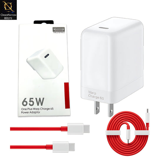 Charger 65 W Power Adapter US Usb C-Type Cable Warp Charger 65w Fast Charger Suitable with OnePlus Models- White