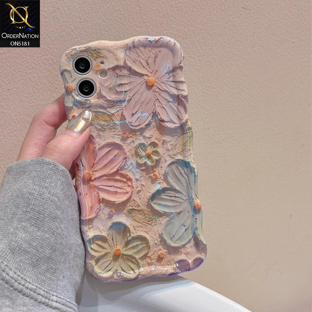 iPhone 11 Cover - Design1 - New Holographic Shine Oil Painting Flowers Design Curvy Borders Protective Case With Tussle Holder