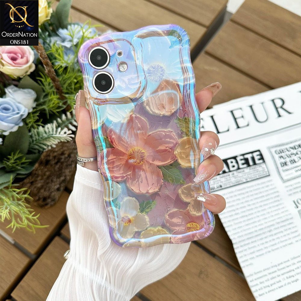 iPhone 11 Cover - Design3 - New Holographic Shine Oil Painting Flowers Design Curvy Borders Protective Case With Tussle Holder