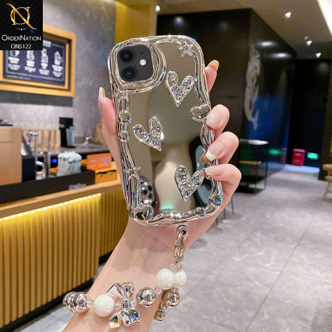 iPhone 12 Cover - Silver - 3D Electroplated Crystal Heart Shiny Mirror Case With Wrist Holder