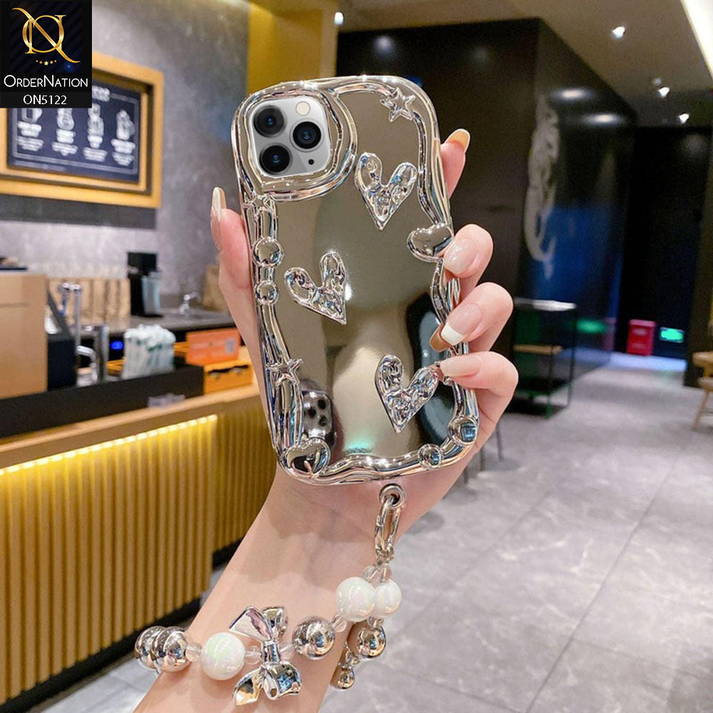iPhone 11 Pro Max Cover - Silver - 3D Electroplated Crystal Heart Shiny Mirror Case With Wrist Holder