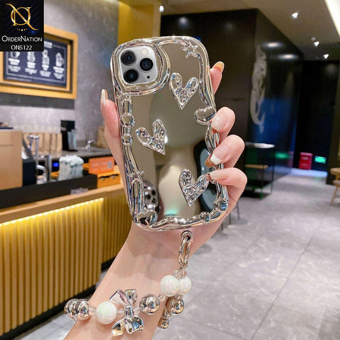 iPhone 11 Pro Max Cover - Silver - 3D Electroplated Crystal Heart Shiny Mirror Case With Wrist Holder