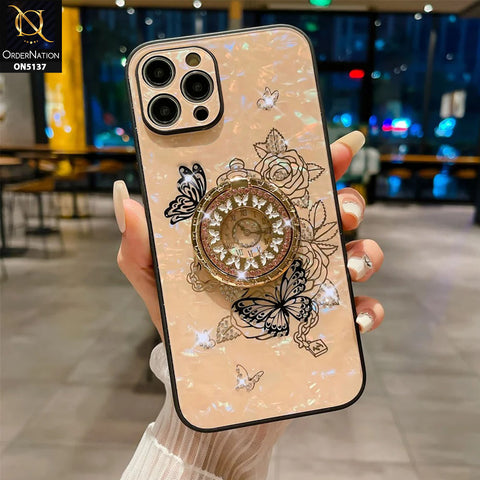 iPhone 11 Pro Max Cover - Golden - TYBOMB Luxury Shiny Glass Butterfly Bling Diamond Metal Holder Soft Border Case