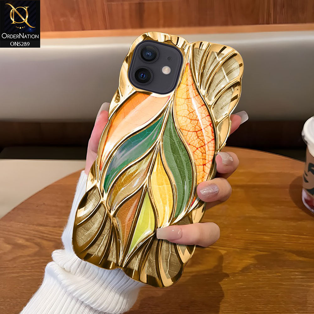 iPhone 12 Cover - Golden - Luxury 3D Colorful Maple Leaf Electroplatiang Wavy Soft Border Case