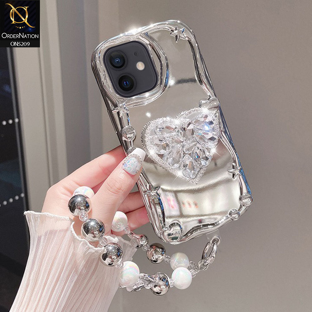 iPhone 12 Cover - Silver - 3D Electroplated Crystal Heart Shiny Mirror Case With Wrist Holder