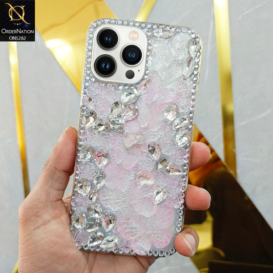 iPhone 16 Pro Cover - Design 2 -  Cute 3D Flowers Butterfly Shiny Rhinestones Soft Border Case
