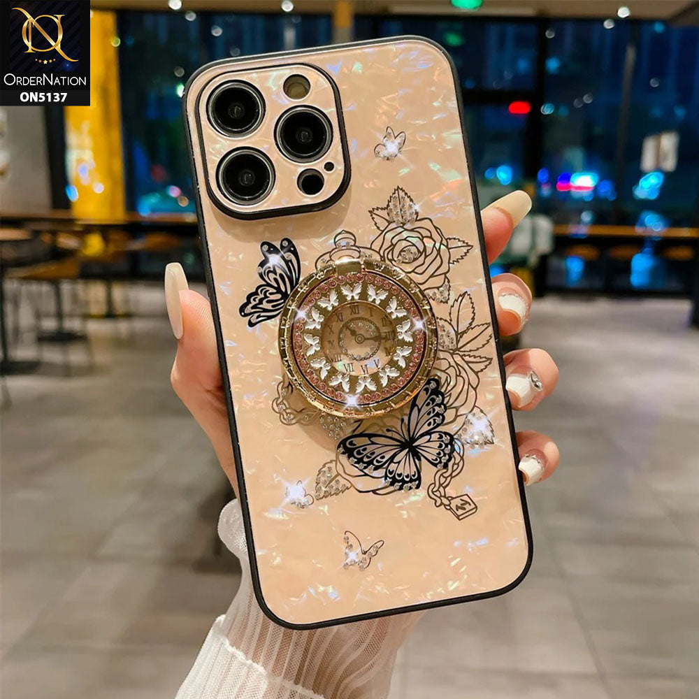iPhone 13 Pro Max Cover - Golden - TYBOMB Luxury Shiny Glass Butterfly Bling Diamond Metal Holder Soft Border Case