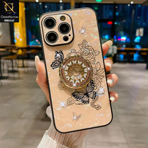 iPhone 13 Pro Max Cover - Golden - TYBOMB Luxury Shiny Glass Butterfly Bling Diamond Metal Holder Soft Border Case