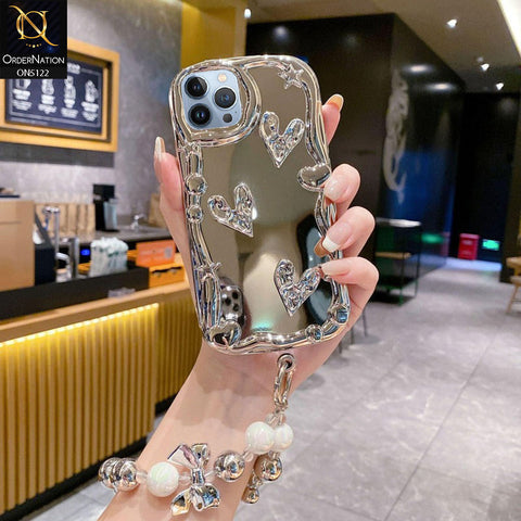 iPhone 12 Pro Max Cover - Silver - 3D Electroplated Crystal Heart Shiny Mirror Case With Wrist Holder