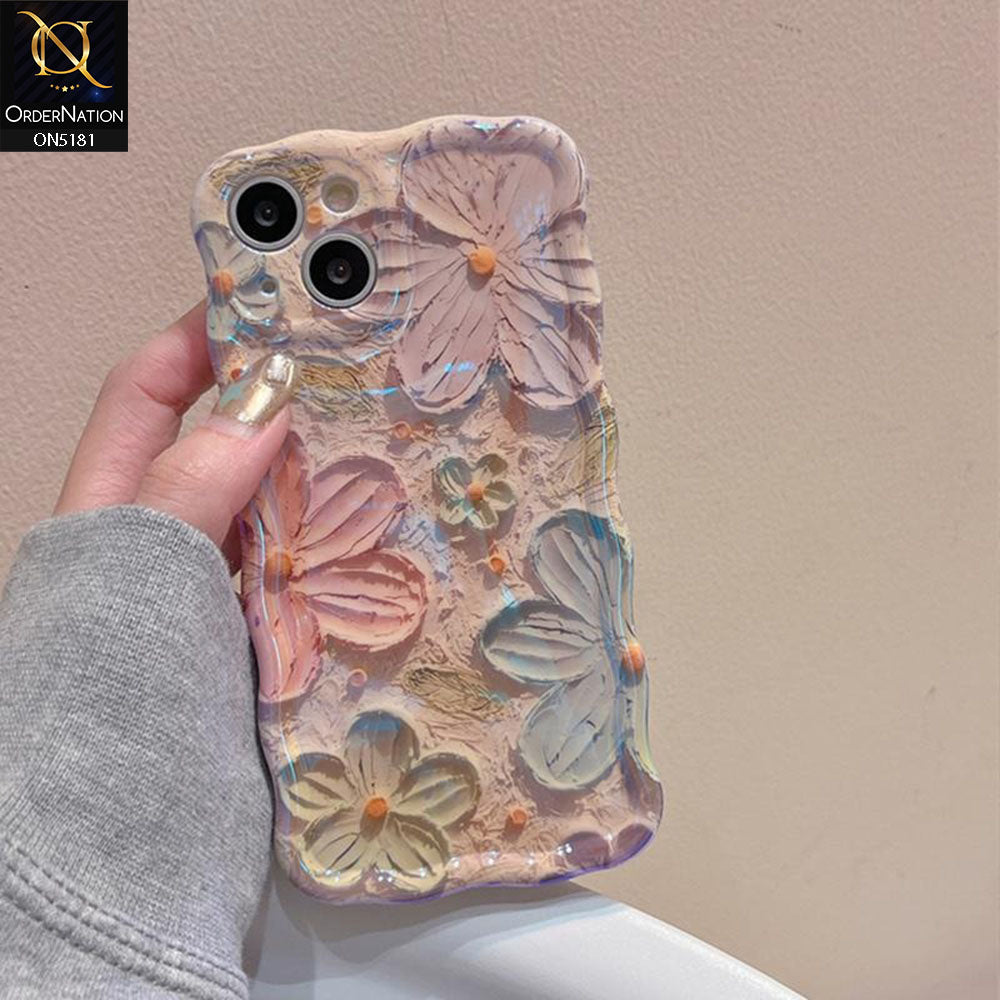 iPhone 14 Cover - Design1 - New Holographic Shine Oil Painting Flowers Design Curvy Borders Protective Case With Tussle Holder