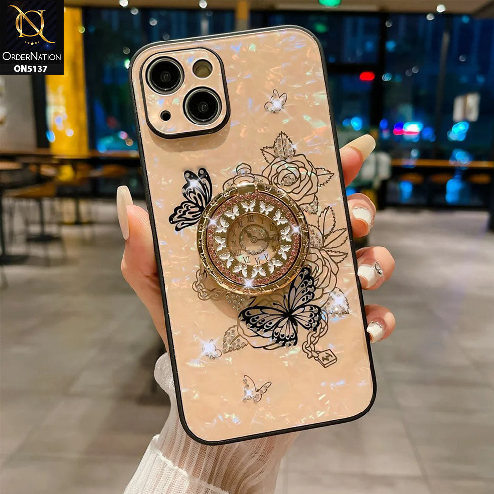iPhone 15 Cover - Golden - TYBOMB Luxury Shiny Glass Butterfly Bling Diamond Metal Holder Soft Border Case