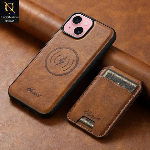 iPhone 15 Cover - Brown - Luxuary Leather Case with Magnetic Wallet and Kick Stand Holder