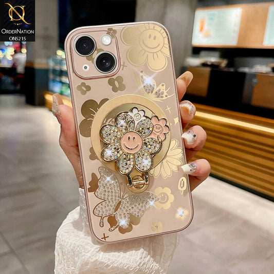 iPhone 15 Cover - Golden - Cute Bling Sunflower Kickstand Magsafe Compatible Soft Border Case With Camera Protection