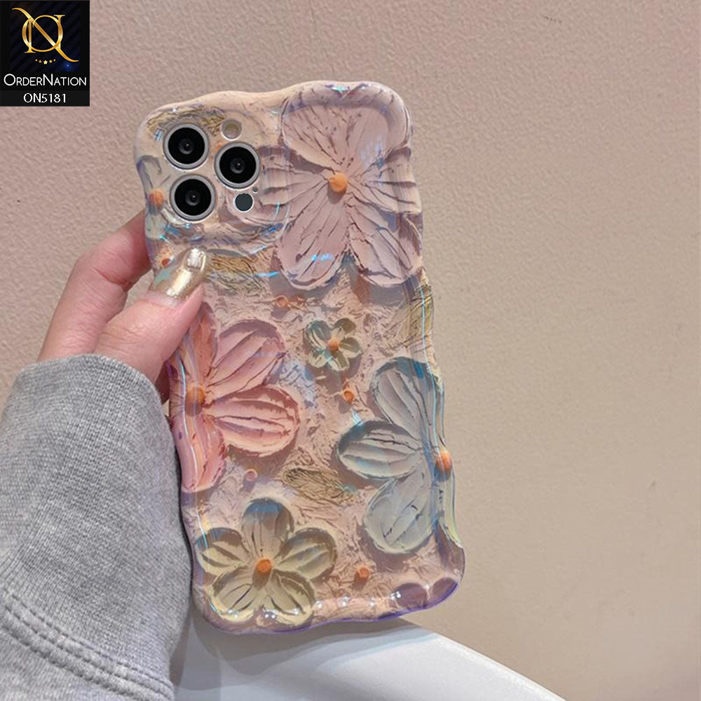 iPhone 12 Pro Max Cover - Design1 - New Holographic Shine Oil Painting Flowers Design Curvy Borders Protective Case With Tussle Holder