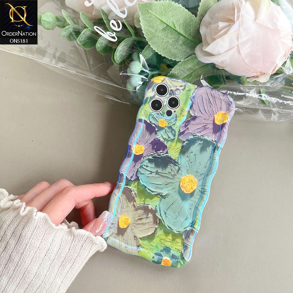 iPhone 12 Pro Max Cover - Design2 - New Holographic Shine Oil Painting Flowers Design Curvy Borders Protective Case With Tussle Holder