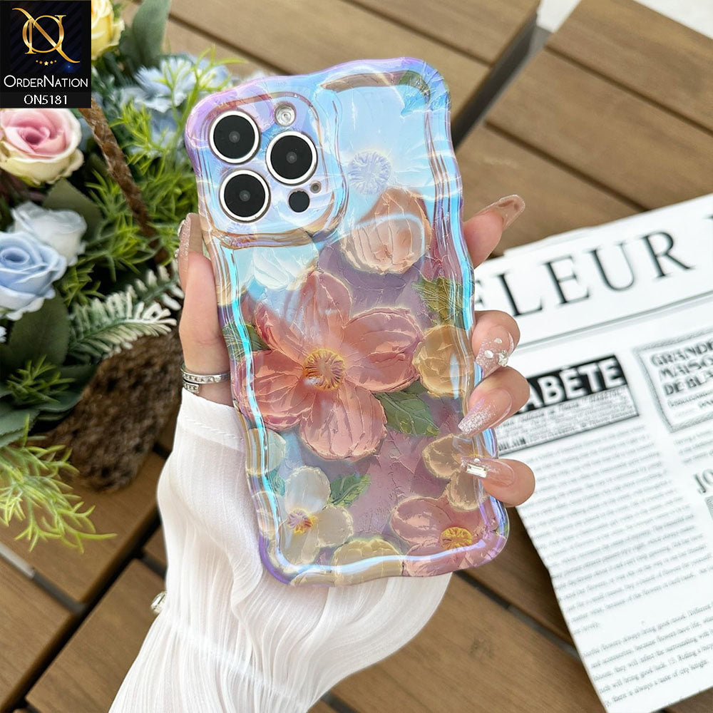 iPhone 12 Pro Max Cover - Design3 - New Holographic Shine Oil Painting Flowers Design Curvy Borders Protective Case With Tussle Holder