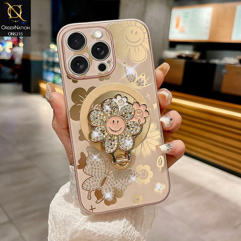 iPhone 15 Pro Cover - Golden - Cute Bling Sunflower Kickstand Magsafe Compatible Soft Border Case With Camera Protection