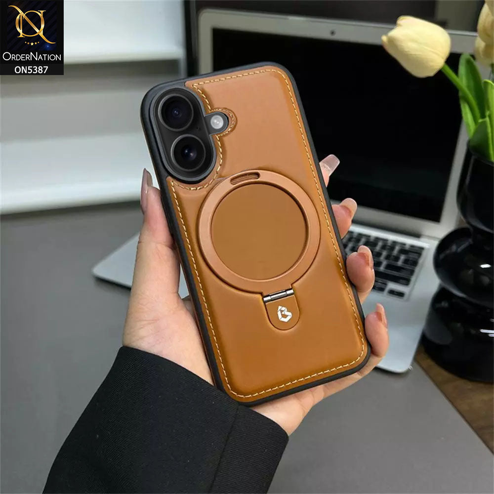 iPhone 17 Cover - Brown -  Luxury Leather Case Supports Magsafe Wireless Charging, Kickstand Bracket Holder Soft Border Case