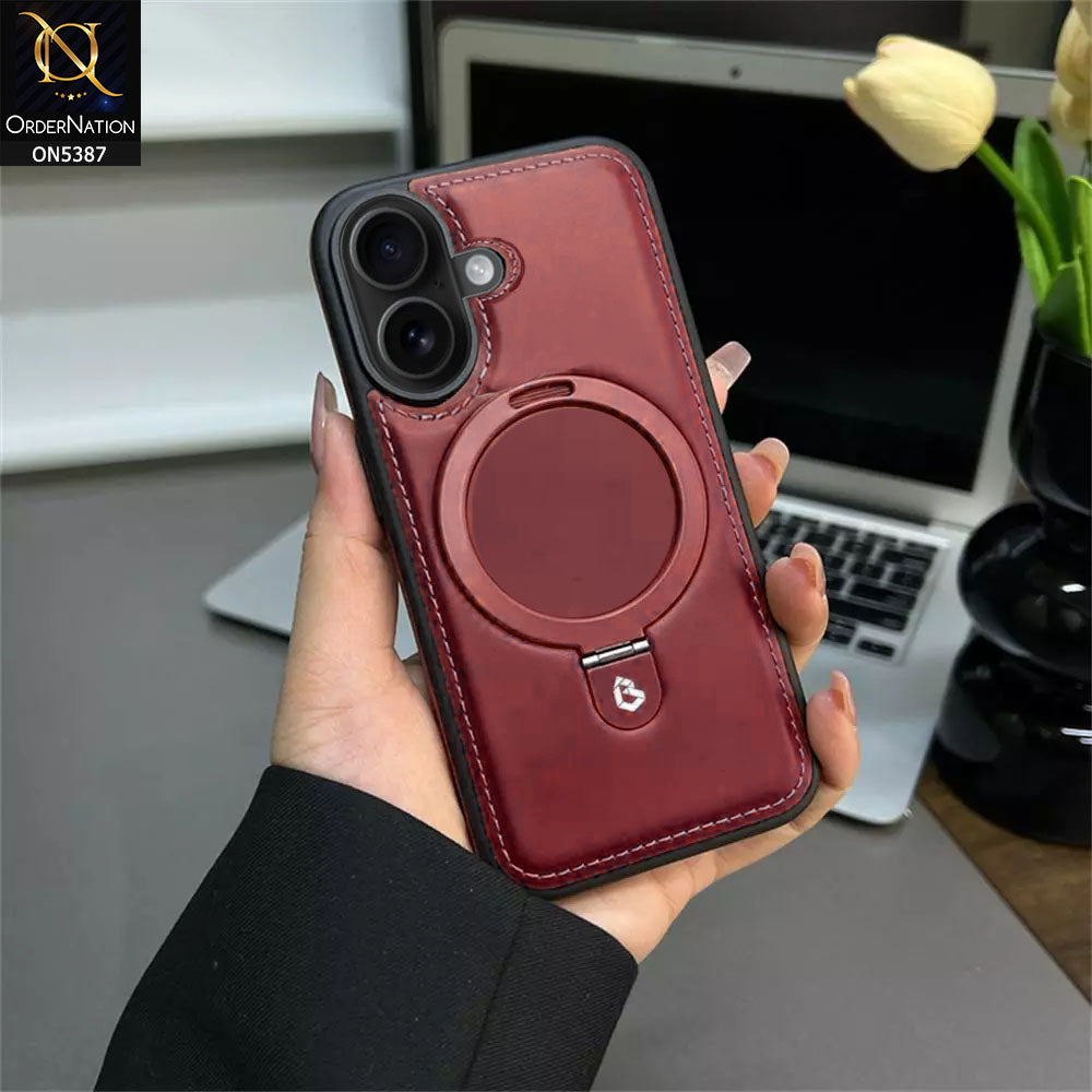 iPhone 17 Cover - Maroon -  Luxury Leather Case Supports Magsafe Wireless Charging, Kickstand Bracket Holder Soft Border Case