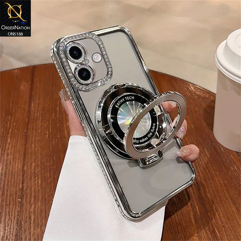 iPhone 17 Cover - Silver - Luxury Diamond Rhinestones Color Electroplating Borders Magsafe Magnetic Stand Holder Soft Clear Case With Camera Protection