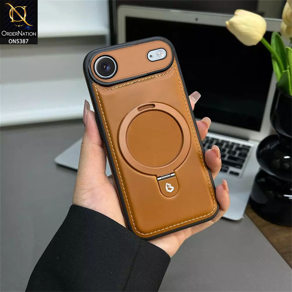 iPhone 17 Air Cover - Brown -  Luxury Leather Case Supports Magsafe Wireless Charging, Kickstand Bracket Holder Soft Border Case