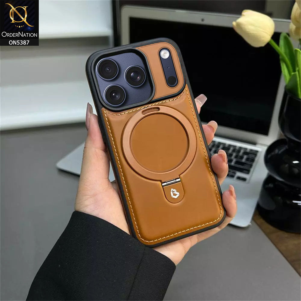 iPhone 17 Pro Cover - Brown -  Luxury Leather Case Supports Magsafe Wireless Charging, Kickstand Bracket Holder Soft Border Case
