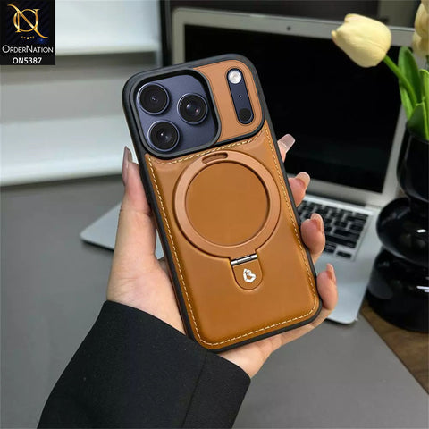 iPhone 17 Pro Cover - Brown -  Luxury Leather Case Supports Magsafe Wireless Charging, Kickstand Bracket Holder Soft Border Case