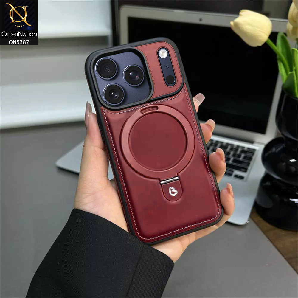 iPhone 17 Pro Max Cover - Maroon -  Luxury Leather Case Supports Magsafe Wireless Charging, Kickstand Bracket Holder Soft Border Case