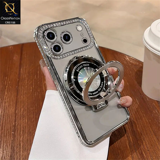 iPhone 17 Pro Cover - Silver - Luxury Diamond Rhinestones Color Electroplating Borders Magsafe Magnetic Stand Holder Soft Clear Case With Camera Protection