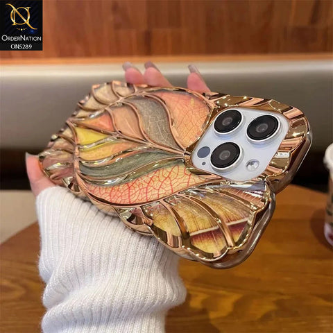 iPhone 15 Pro Max Cover - Golden - Luxury 3D Colorful Maple Leaf Electroplatiang Wavy Soft Border Case