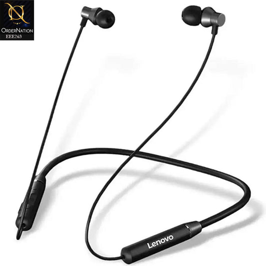 Lenovo HE05 Bluetooth 5.0 Wireless Earphones: Magnetic Neckband, Waterproof, Stereo Headset with Mic - Black