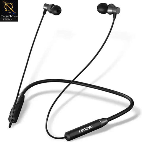 Lenovo HE05 Bluetooth 5.0 Wireless Earphones: Magnetic Neckband, Waterproof, Stereo Headset with Mic - Black