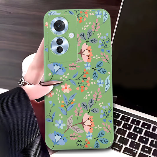 Oppo Reno 11F 5G Cover - Light Green - D1 - ONation Floral Series - HQ Liquid Silicone Soft Case