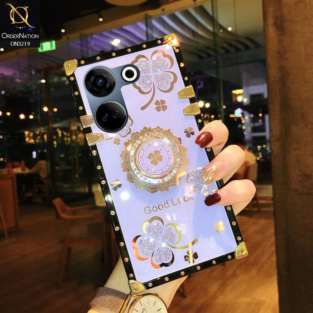 Tecno Camon 20 Cover - Light Purple - Square Bling Diamond Glitter Soft TPU Trunk Case with Ring Holder