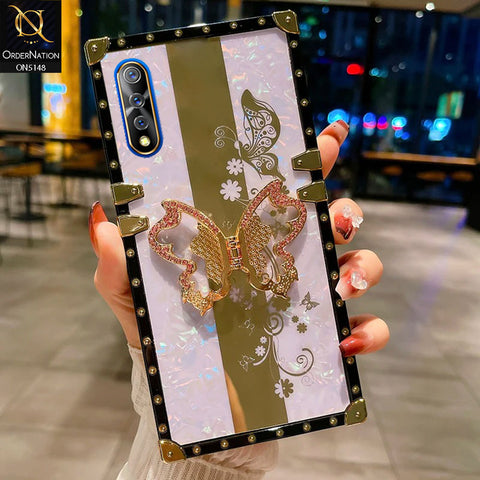 Vivo S1 Cover - Lilac -  Luxury Shiny Rhinestone Butterfly Electroplated Square Trunk Soft Case