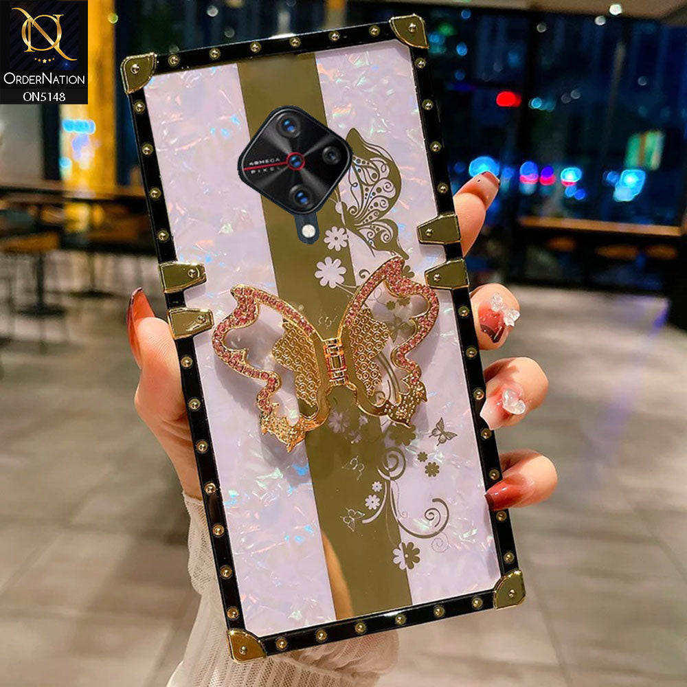 Vivo S1 Pro Cover - Lilac -  Luxury Shiny Rhinestone Butterfly Electroplated Square Trunk Soft Case