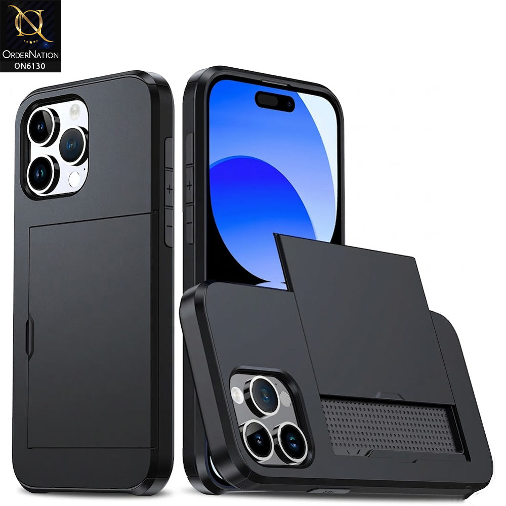 iPhone 16 Pro Max Cover - Black - Mobile Case Sliding Wallet Card Holder and shockproof bumper edges