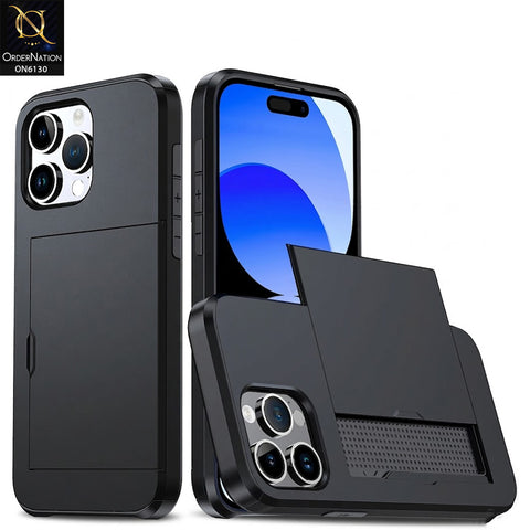 iPhone 16 Pro Max Cover - Black - Mobile Case Sliding Wallet Card Holder and shockproof bumper edges