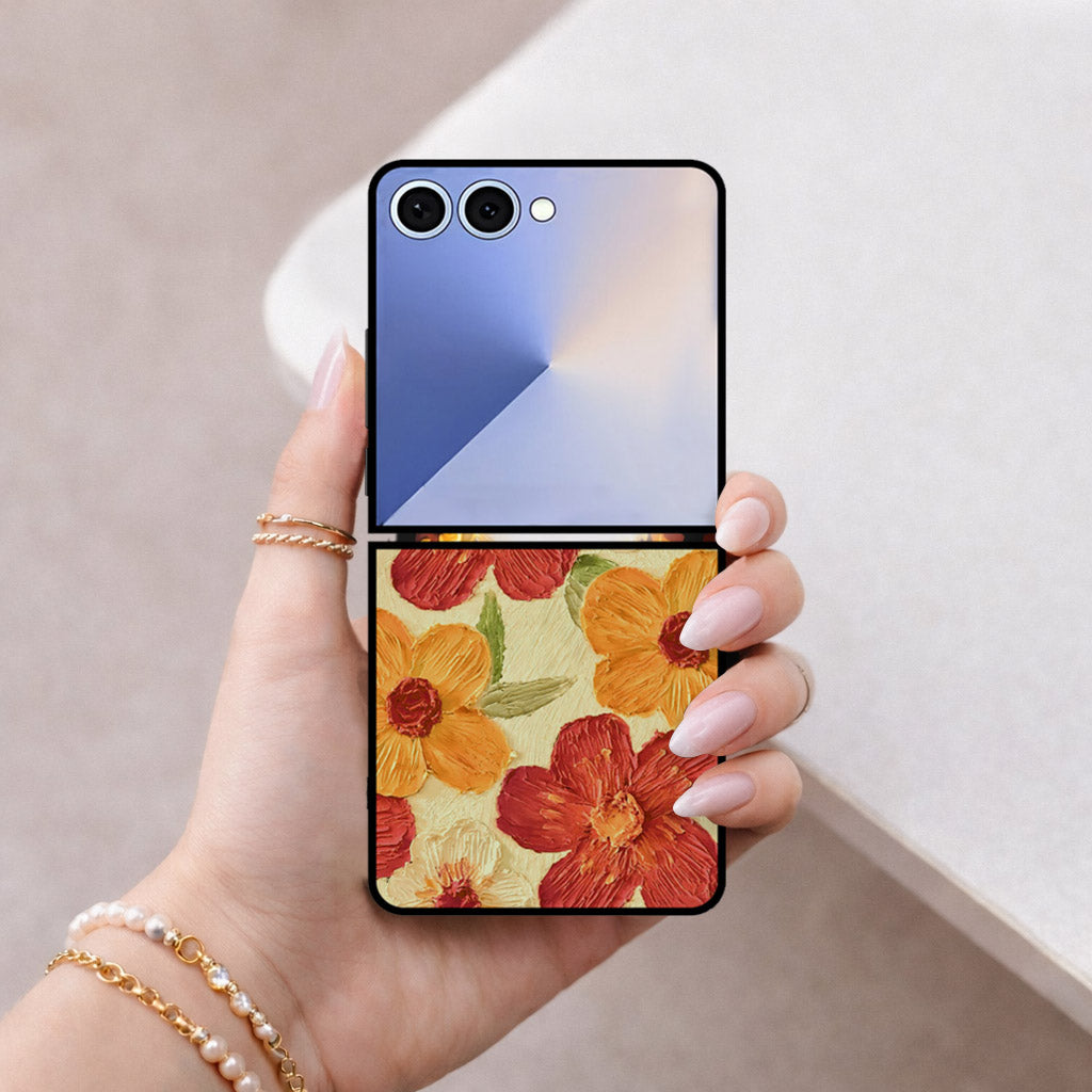 Samsung Galaxy Z Flip 8 Cover - Floral Series - Design 6 - Red & Orange - HQ Premium Shine Durable Shatterproof Case