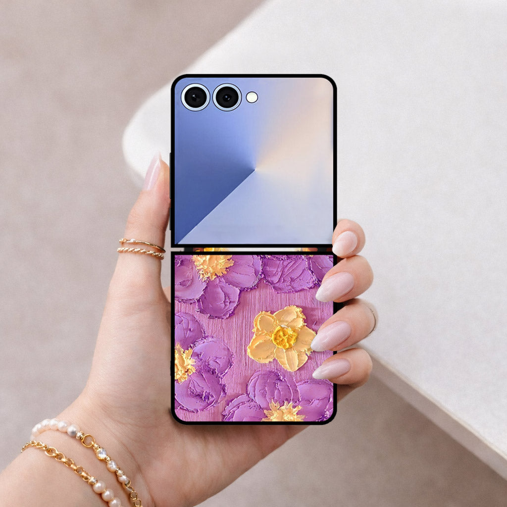 Samsung Galaxy Z Flip 8 Cover - Floral Series - Design 8 - Purple & Yellow - HQ Premium Shine Durable Shatterproof Case