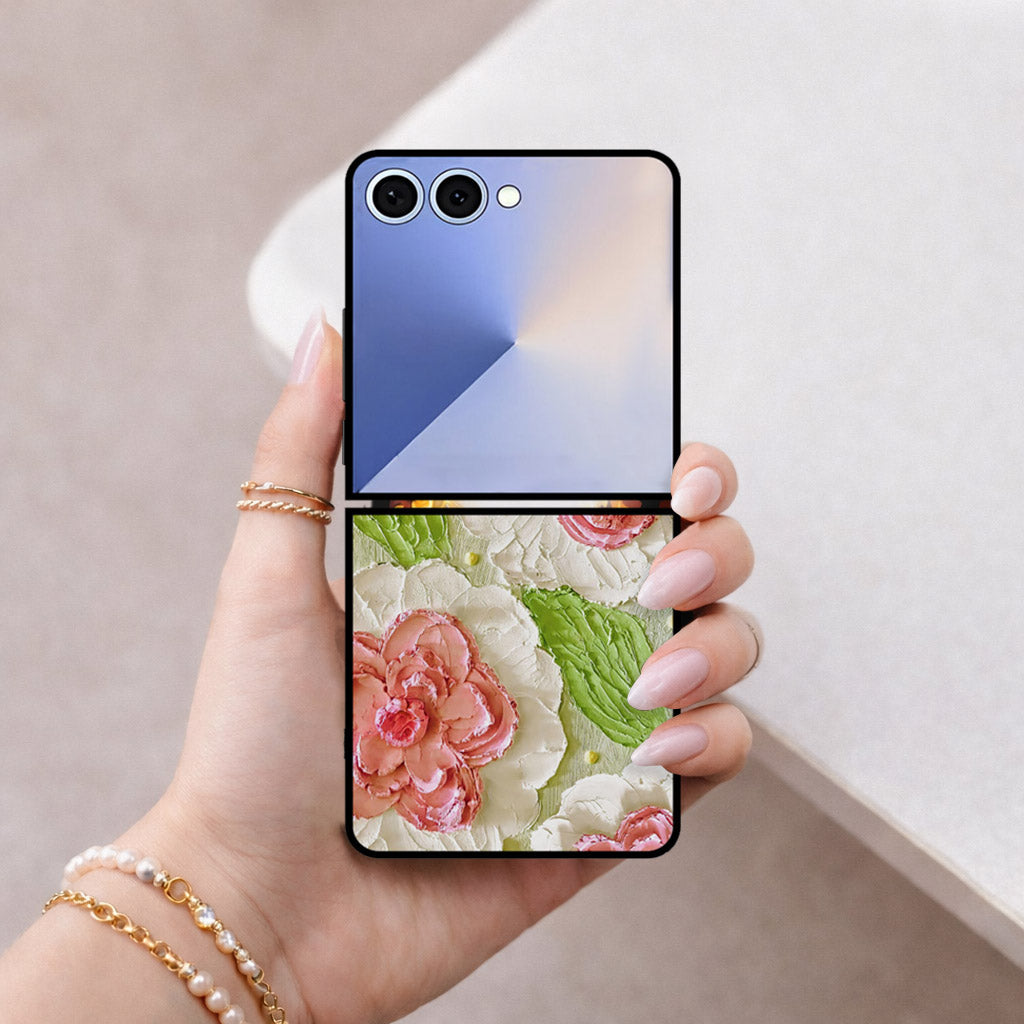 Samsung Galaxy Z Flip 8 Cover - Floral Series - Design 13 - Offwhite & Green - HQ Premium Shine Durable Shatterproof Case