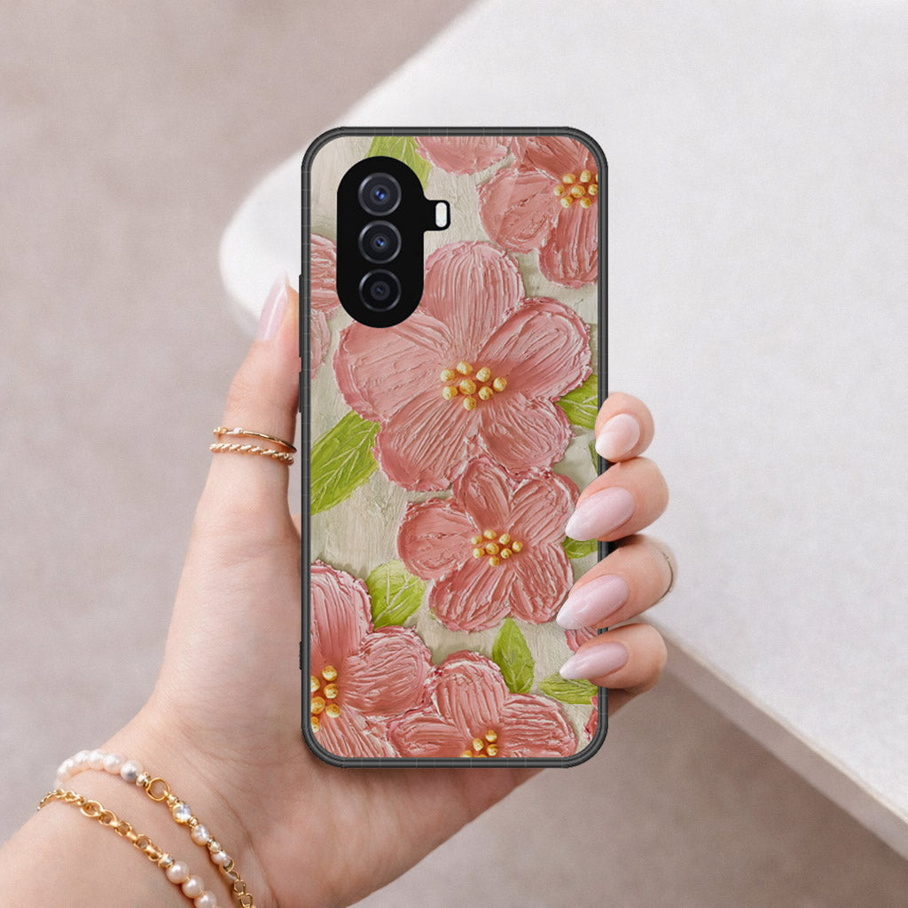Huawei nova Y70 Plus Cover - Floral Series - Design 9 - Pink & Green - HQ Premium Shine Durable Shatterproof Case