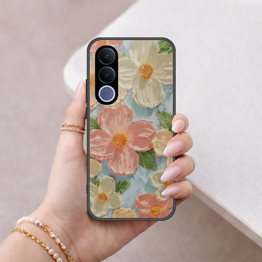 vivo V70 FE Cover - Floral Series - Design 16 - Cyan & Pink - HQ Ultra Shine Premium Infinity Glass Soft Silicon Borders Case